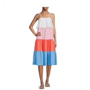 White Colorblock shoulder tie flounce bodice Sleeveless resort dress size XXL‎